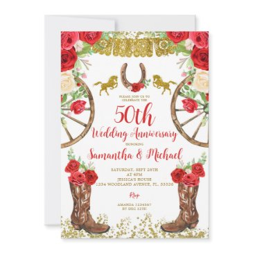 western bright red floral 50th wedding anniversary invitation