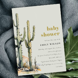 Small Western Cactus Desert Sage Green Baby Shower Invitation Front View
