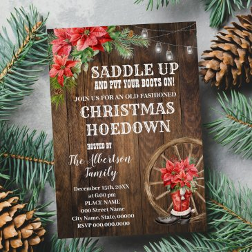 western christmas country boots poinsettia party invitation