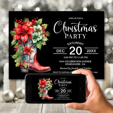 western cowboy boot black christmas party invitation
