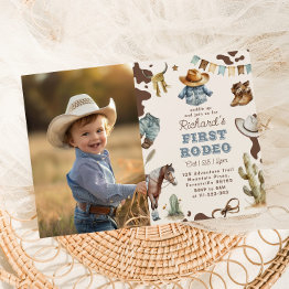 Small Western First Rodeo Boy 1st Birthday Photo Invitation Front View