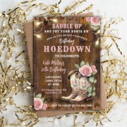 Small Western Hoedown Floral Cowgirl Birthday With Boots Invitation Front View