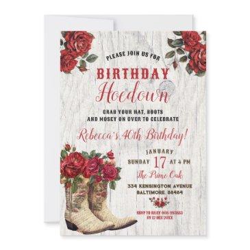 western hoedown rustic cowgirl red floral birthday invitation