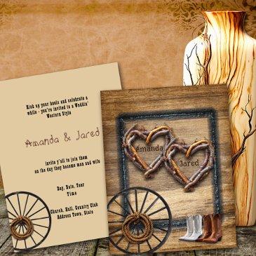 western wedding twig frames, boots wagon wheel invitation