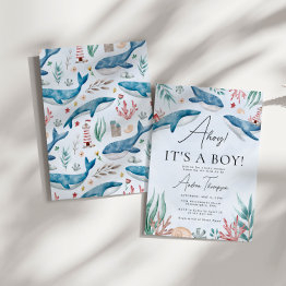 Small Whale Under The Sea Ahoy It's A Boy Baby Shower Invitation Front View