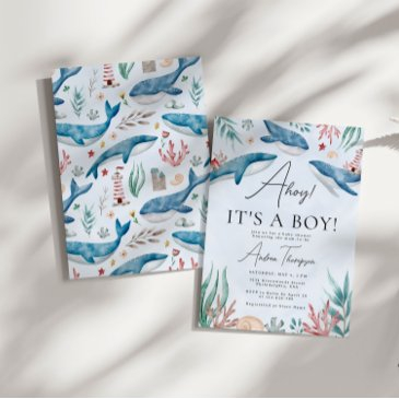 whale under the sea ahoy it's a boy baby shower invitation
