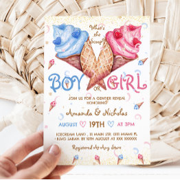Small What's The Scoop Pink Blue Summer Gender Reveal Invitation Front View
