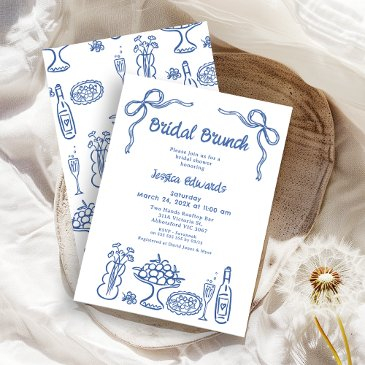 whimsical blue hand drawn bridal brunch shower invitation