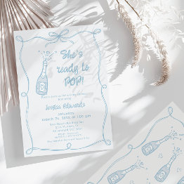 Small Whimsical Blue Hand Drawn Ready To Pop Baby Shower Invitation Front View