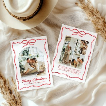 whimsical christmas photo hand-drawn bow ribbon holiday invitations