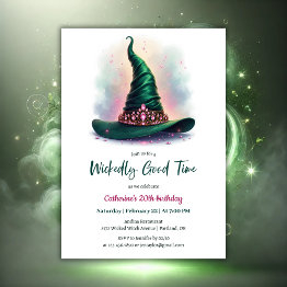 Small Whimsical Crown & Green Witch Hat Birthday Invitation Front View
