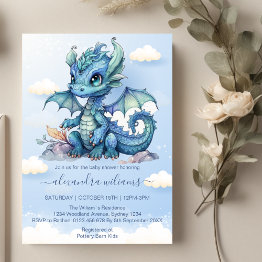 Small Whimsical Cute Baby Dragon Baby Shower Invitation Front View