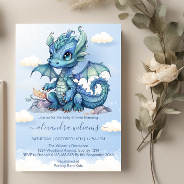 whimsical cute baby dragon baby shower invitation