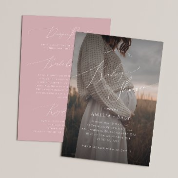 whimsical dusty rose photo all in one baby shower invitation