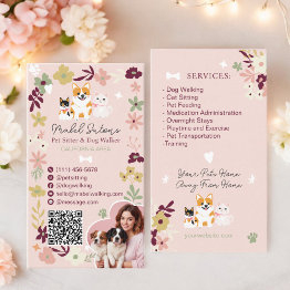 Small Whimsical Floral Cute Classy Pet Sitter Dog Walker Business Invitations Front View