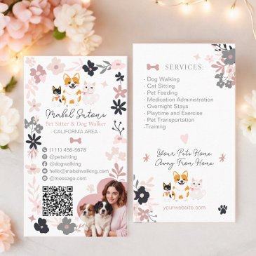 whimsical floral cute pink pet sitter dog walker business invitations
