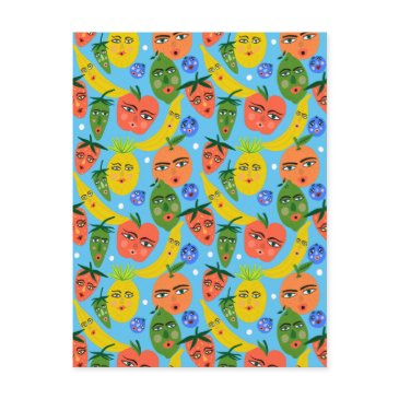 whimsical funny fruit salad pattern blue postinvitations