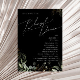 Small Whimsical Greenery And Gold Black Rehearsal Dinner Invitation Front View