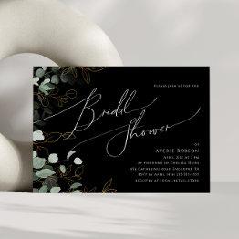 Small Whimsical Greenery Black Horizontal Bridal Shower Invitation Front View