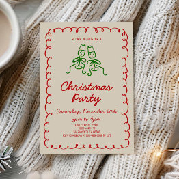 Small Whimsical Hand Drawn Champagne Christmas Party Invitation Front View