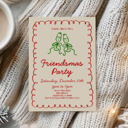 Small Whimsical Hand Drawn Champagne Friendsmas Party Invitation Front View