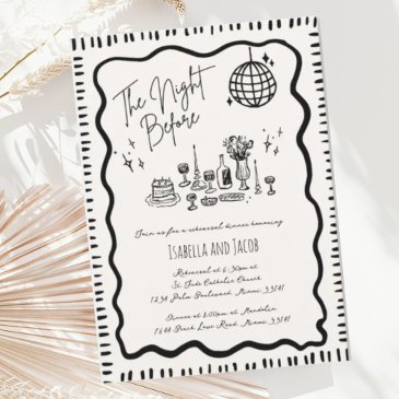 whimsical hand drawn quirky wavy rehearsal dinner invitation