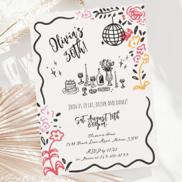 Small Whimsical Hand Drawn Squiggle Birthday Party Invitation Front View