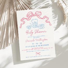 Small Whimsical Hand Drawn Tea Bow Baby Shower Invitation Front View