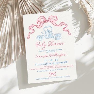 whimsical hand drawn tea bow baby shower invitation