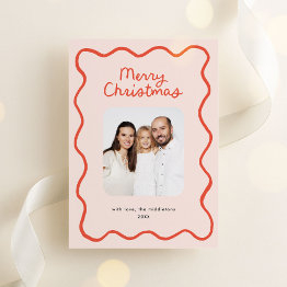 Small Whimsical Hand Drawn Wavy Border Christmas Photo Holiday Invitations Front View