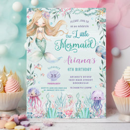 Small Whimsical Mermaid Under The Sea Pool Birthday Invitation Front View