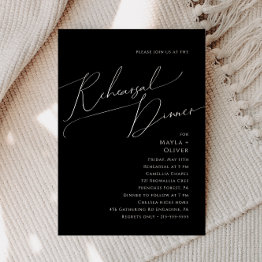 Small Whimsical Minimal Script | Black Rehearsal Dinner Invitation Front View