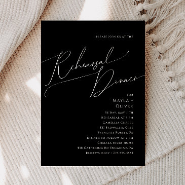 whimsical minimal script | black rehearsal dinner invitation