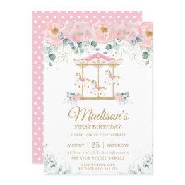 Small Whimsical Pink Floral Carousel 1st Birthday Party Invitation Front View
