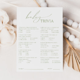 Small Whimsical Sage Green Baby Shower Trivia Invitations Front View