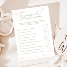 Small Whimsical Sage Green Guess Who Mommy Or Daddy Invitations Front View