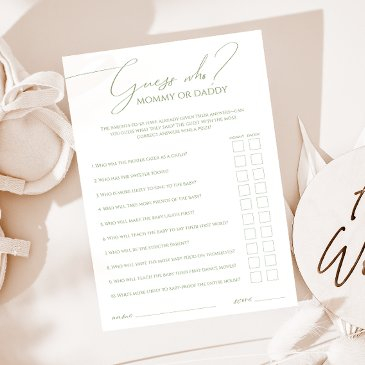 whimsical sage green guess who mommy or daddy invitations