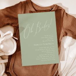 Small Whimsical Sage Green Oh Baby! Baby Shower Invitation Front View