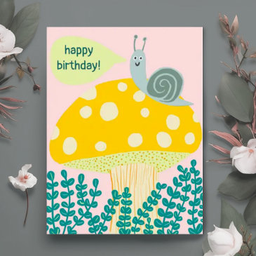 whimsical snail on magical mushroom custom bday postinvitations