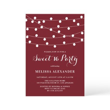 whimsical string lights burgundy sweet 16 party invitation