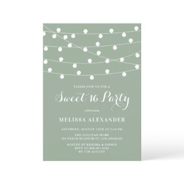 whimsical string lights sage green sweet 16 party invitation