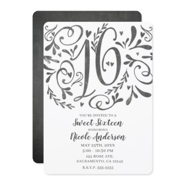 whimsical vintage lettering chalk sweet 16 invitation
