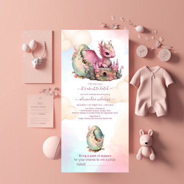 whimsical watercolor pink dragon baby shower all in one invitation