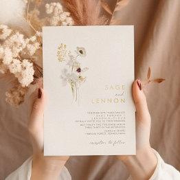 Small Whimsical Wildflower Bouquet | Gold Foil Invitation Front View