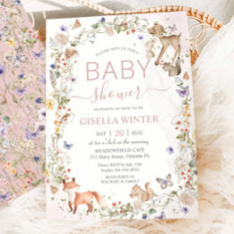 Small Whimsical Woodland Animals Wildflower Baby Shower Invitation Front View