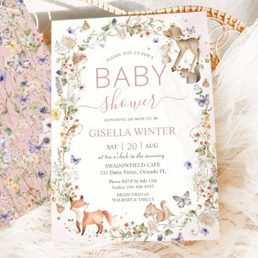 whimsical woodland animals wildflower baby shower invitation