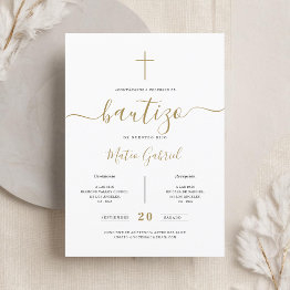 Small Whimsy Calligraphy Invitación De Bautizo Gold Invitation Front View