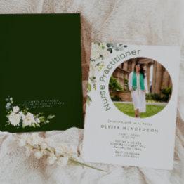 Small White And Green Floral Photo Graduation Invitation Front View