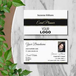 Small White Black And Gold Stripes With Logo & Photo Business Invitations Front View