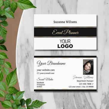 white black and gold stripes with logo & photo business invitations
